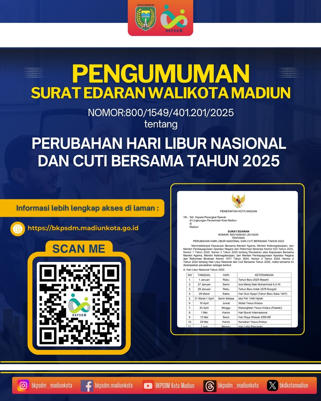 Poster Surat Edaran Walikota Madiun tentang Perubahan Hari Libur Nasional Dan Cuti Bersama Tahun 2025